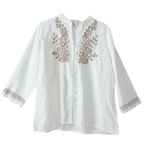 100% Linen Embroidered White & Tan Round Button Down Top Size Large